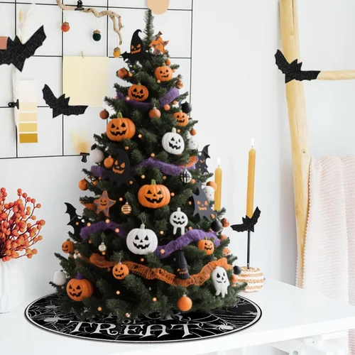 Vista 8 de Falda de árbol de Navidad de telaraña de Halloween, 36 pulgadas, con cordones, para truco o trato, falda de árbol negro, divertida fiesta