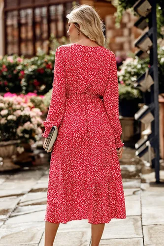 Vista 3 de PrettyGarden Vestido largo bohemio con estampado floral para mujer, manga larga, cuello en V cruzado, volantes, cinturón, acampanado, al tobillo