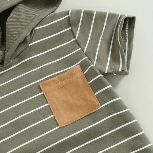 Vista 5 de Conjunto de ropa de verano para bebé y niño, con estampado de arco iris, bolsillo con capucha, pantalones cortos elásticos, lindo conjunto de traje