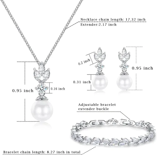 Vista 6 de Joyas de boda para novia, dama de honor, aretes colgantes de perlas y collar colgante, joyería de novia para promesas, bodas y fiestas, Metal