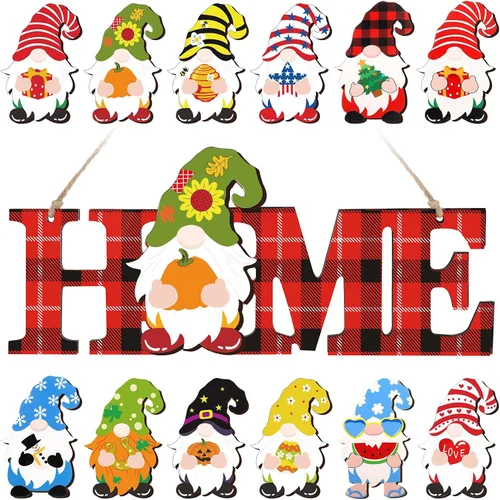 Vista 7 de 13 piezas de gnomo intercambiable para decoración de puerta de temporada, color azul Autumn Halloween Changeable Wooden Gnomes Front Door