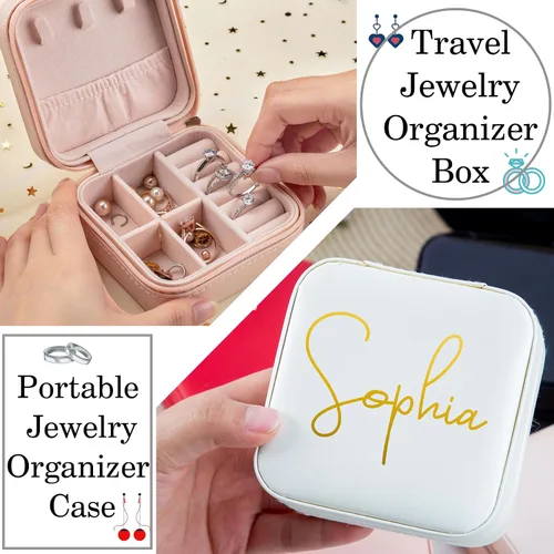 Vista 3 de Flycalf Joyero personalizado organizador de estuche de viaje portátil para aretes, mini regalos de dama de honor para niñas, niños, artículos