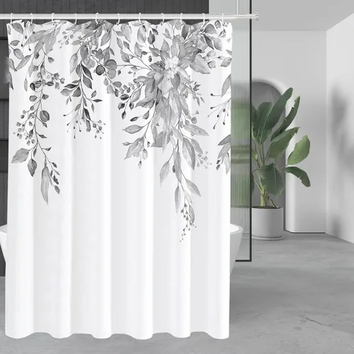 Vista 128 de Tititex - Juego de cortinas de ducha de eucalipto negro, hojas de acuarela gris en la parte superior, con decoración floral de baño, 60 x 72