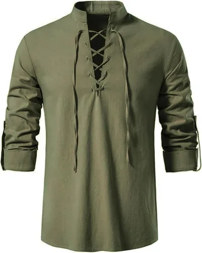 Vista 2 de Camisas de manga larga para hombre, estilo retro, con cordones para disfraz medieval, vikingo, hippie, Halloween, cosplay, pirata, renacentista
