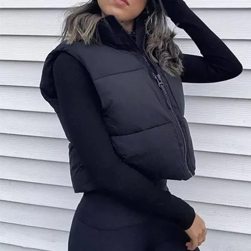Vista 4 de Hixiaohe Chaleco corto de invierno para mujer, acolchado, ligero, con cuello alto, con cremallera, sin mangas