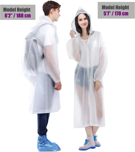 Vista 5 de HLKZONE Impermeable Paquete de 2 abrigos de lluvia portátiles de EVA reutilizables con capucha y mangas elásticas color blanco XL