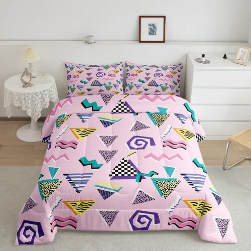 Vista 21 de Juego de edredón de estilo retro de los años 80, juego de ropa de cama de patrón geométrico abstracto, diseño urbano moderno con círculos