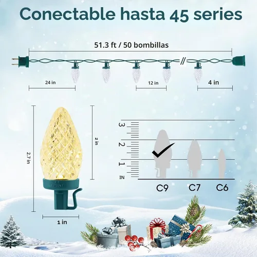 Vista 3 de 49FT 50 LED C9 luces de Navidad impermeables al aire libre, blanco Blanco cálido