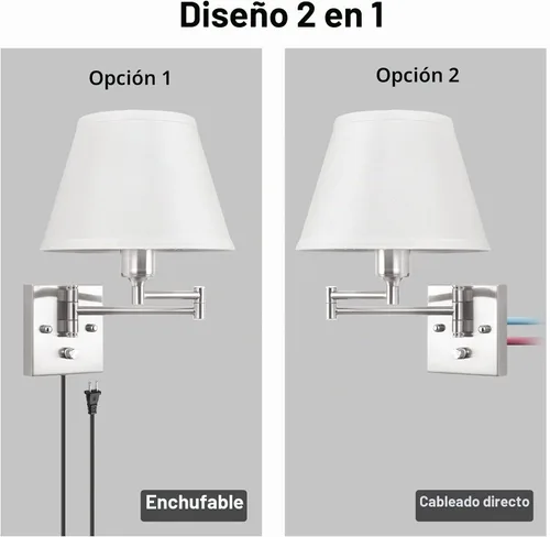 Vista 8 de TRLIFE Aplique de pared enchufable, juego de 2 lámparas de pared regulables con brazo oscilante de níquel cepillado, cable de enchufe y interruptor