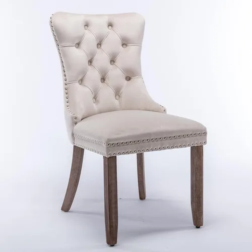 Vista 5 de Juego de 2 sillas de comedor con respaldo de ala de terciopelo copetudo, sillas laterales tapizadas, patas de madera maciza (beige)