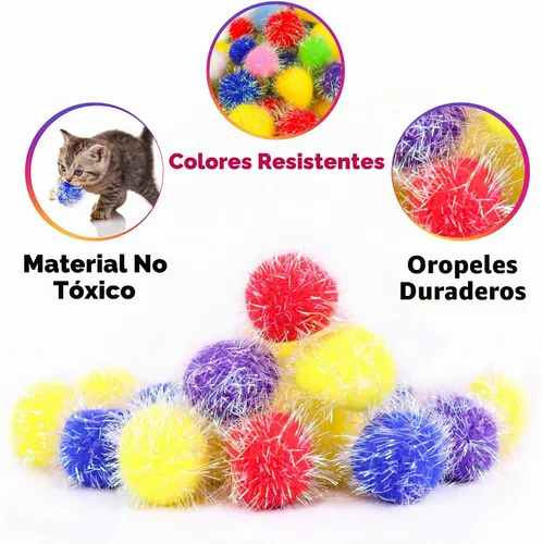 Vista 4 de 30 bolas de pompones brillantes de 1.2 pulgadas para gatos, bolas interactivas con purpurina, multicolor, lo mejor como juguetes de juego