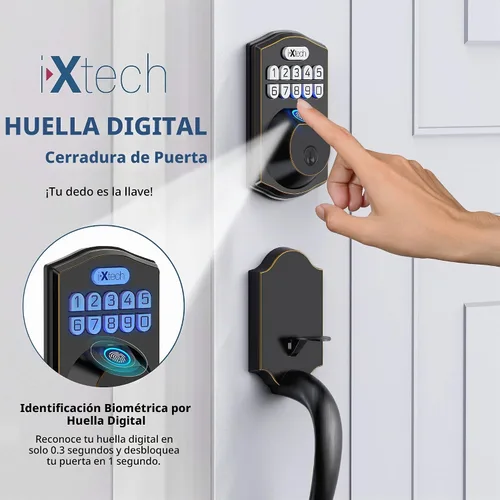 Vista 3 de IXTECH Juego de cerradura de puerta de huellas dactilares, cerrojo de cerradura de puerta de entrada sin llave con mango y 2 llaves, bloqueo Bronce