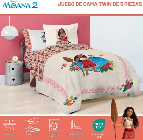Vista 4 de Disney Moana - Juego de edredón individual de 5 piezas para niñas, color beige Bed in a Bag, Comforter Sheets Sham Pillowcase, Official