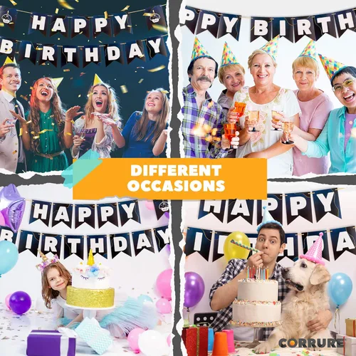 Vista 2 de CORRURE Cartel de feliz cumpleaños – Pancartas azules preencordadas con lámina dorada – Bandera grande para fiestas para mujeres, hombres, niñas