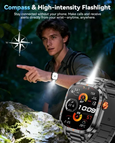Vista 6 de Relojes inteligentes militares para hombres,Batería 1000mAh/linterna,Respuesta/Hacer llamadas