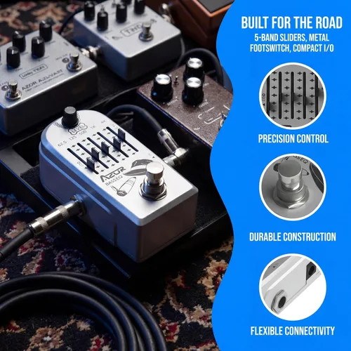 Vista 2 de AZOR - Pedal de efecto de guitarra para bajo de 5 bandas, ecualizador de pedal de efectos para bajo eléctrico, True Bypass, aleación de aluminio
