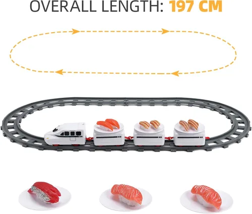 Vista 9 de Tren de sushi, mesa giratoria de tren alimentario, juguete eléctrico con pilas, platos japoneses de sashimi debajo del árbol de Navidad, pista