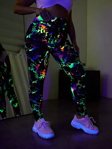 Vista 5 de Floerns Leggings reflectantes de cintura alta con tinta de salpicaduras para mujer
