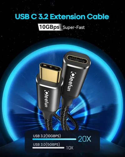 Vista 2 de CLEEFUN Cable de extensión USB-C, 1 pie, paquete de 1, USB-C macho a hembra, datos de 10 Gbps y sincronización de video 4K, carga rápida de 100 W