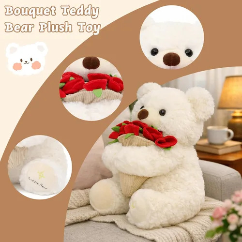 Vista 5 de Ramo de peluche de oso de peluche, ramo de peluche de rosas, sombrero de flores romántico, peluche de oso, perfecto como cumpleaños y vacaciones
