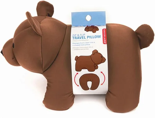 Vista 6 de Kikkerland – Almohada de viaje Zip & Flip – Reposacabezas de microesferas para aviones y viajes – Oso negro