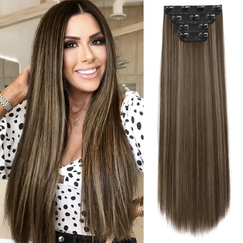 Vista 28 de REECHO - Juego de 4 extensiones de cabello sintético con clip de 12 pulgadas, 14 pulgadas y 16 pulgadas, lacio, largo y grueso, marrón oscuro