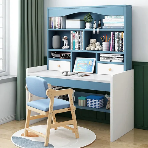 Vista 8 de QQXX Juego de escritorio y silla de altura ajustable, mesa de estudio de madera con gabinete y cajón de almacenamiento, mesa de escritorio de Azul A