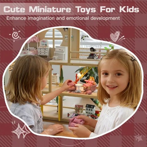 Vista 5 de iLAND Lindos juguetes para niñas de 6 a 8 años, encantadora decoración para casa de muñecas a escala 1/12, juego de sofás de gingham para casa