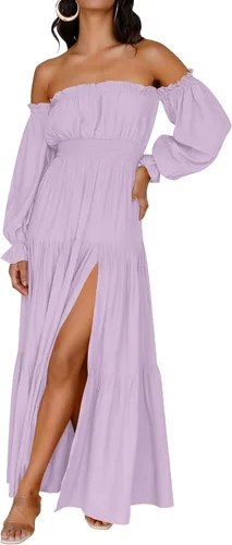 Vista 128 de ZESICA - Vestido largo, bohemio y sexy, con hombros descubiertos y manga larga fruncida, con elástico fruncido, cintura alta y abertura lateral