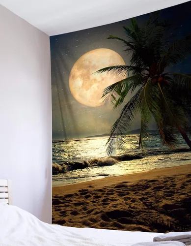Vista 22 de LB Tapiz pequeño de luna llena sobre océano, tapiz de pared de cielo nocturno estrellado, fantasía 3D, arte de pared de luna grande en blanco