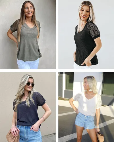 Vista 5 de MEROKEETY - Blusa de manga corta con cuello en V y encaje, de verano, para mujer