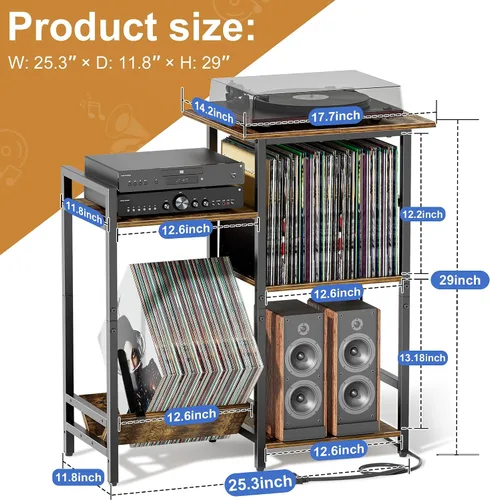Vista 3 de HYPIGO Soporte para tocadiscos con tomas de corriente, soporte para tocadiscos con almacenamiento de discos de vinilo con capacidad para más de 300