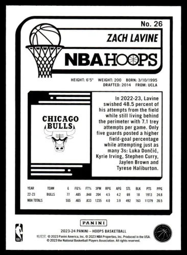 Vista 2 de Zach LaVine 2023-24 Panini Hoops #26 NM-MT Basketball Bulls