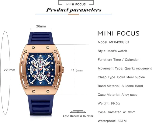 Vista 6 de MF MINI FOCUS Watch Wristwatch Fashion Hollow Big Dial Luminous Waterproof Sport Analog Quartz Business Mens Watches Silicon Strap Dress Watch
