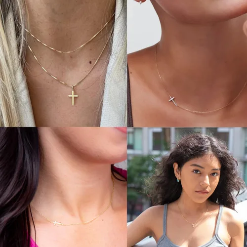 Vista 4 de Poxtex Collar de cruz de 14 quilates para mujer, chapado en oro, collar con colgante de cruz