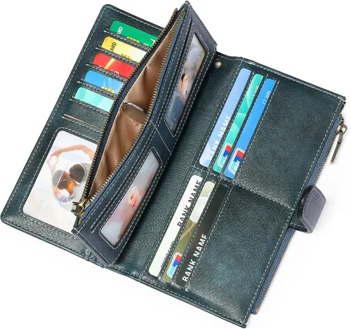 Vista 3 de GOIACII Cartera de mujer con bloqueo RFID triple pliegue cartera de mano larga para mujer cartera de cuero vegano con bolsillo para monedas A02-azul