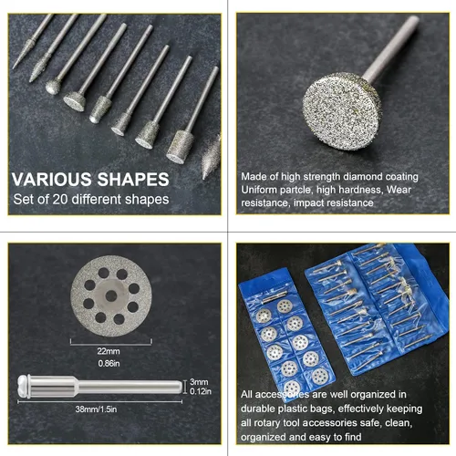 Vista 2 de Juego de fresas de diamante para Dremel, herramienta rotativa de pulido y corte, rueda de piedra para vidrio, azulejo, joyería, grabado, grabado