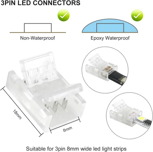 Vista 2 de RGBZONE 10 piezas 3 pines 8mm Conectores de tira LED Actualizados Conector rápido de tira a tira sin soldaduras y sin brechas para tira de luz LED