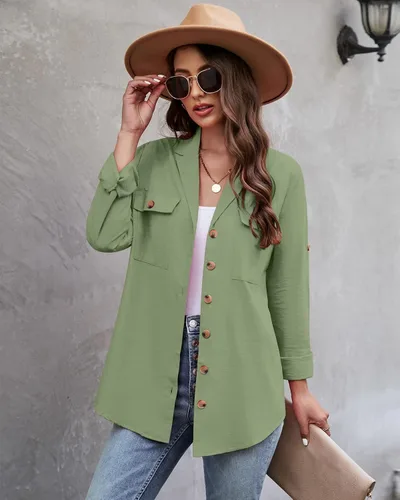 Vista 7 de Vetinee Blusa casual con botones para mujer, manga con puños, holgada, camiseta