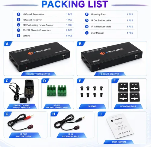 Vista 5 de J-Tech Digital Extensor HDMI de largo alcance sobre Cat6 150m/492ft HDBaseT 4K60Hz 18Gbps Extensor PoC, IR bidireccional, compatible con Dolby