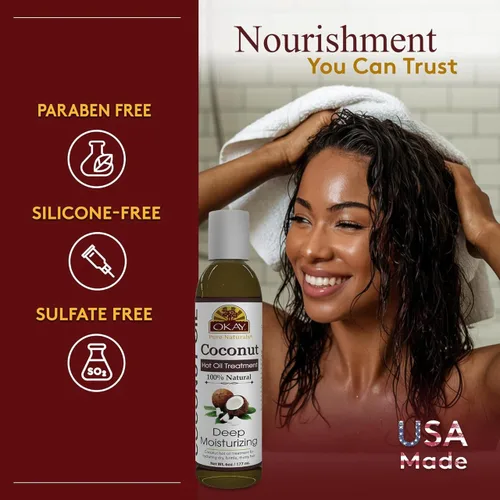 Vista 2 de OKAY Tratamiento de aceite caliente de coco Para todo tipo de cabello y texturas Profundamente penetrante 100% natural Libre de parabenos