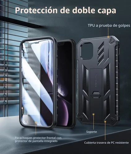 Vista 6 de FNTCASE Funda para iPhone XR, con protector de pantalla integrado, soporte Negro