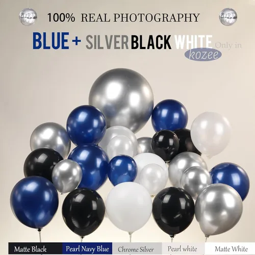 Vista 2 de Kozee Kit de guirnalda de globos azul marino y negro, 132 piezas azul oscuro con arco de globos en explosión de estrellas blancas plateadas