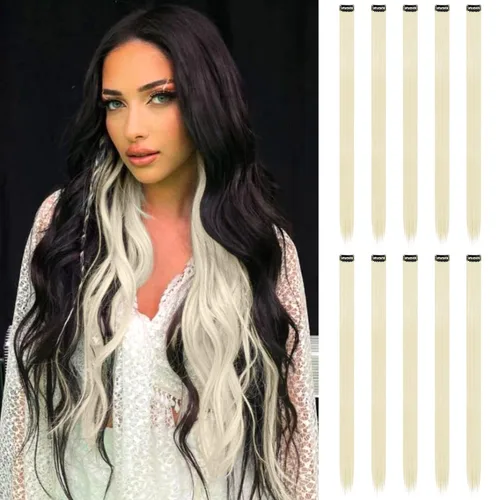 Vista 19 de FESHFEN Juego de 12 extensiones de cabello con clip, color negro, con clip, con purpurina, kit de accesorios coloridos para mujeres, de 20 pulgadas