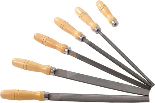 Vista 3 de Juego de limas de acero al carbono con asas de madera para madera, metal, plástico, 5 piezas (lima de acero, grande)