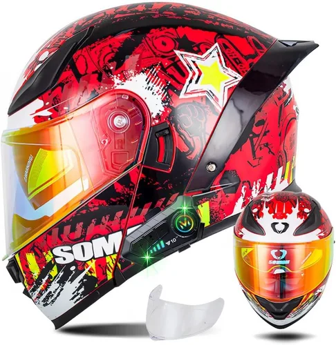 Vista 8 de Casco modular de motocicleta con Bluetooth, casco de motocicleta abatible de cara completa para hombres y mujeres con visera tintada y transparente