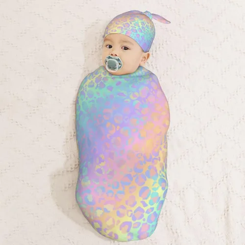 Vista 3 de Juego de mantas holográficas de leopardo para recién nacidos, manta de recepción suave para bebé, saco de envoltura para baby shower, regalo