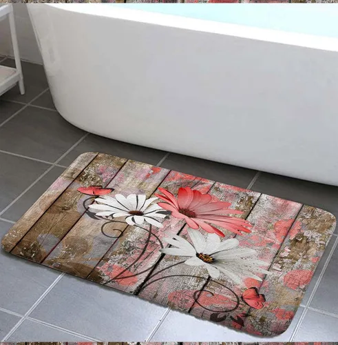 Vista 9 de JAWO Alfombra de baño con flores de granja, dalia en tablones de madera rústica, juego de tapetes de baño con flores azules, en forma de U