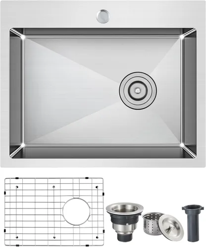 Vista 10 de ROVOGO Fregadero de cocina de 20 x 16 x 9 pulgadas, cuenco individual de acero inoxidable 304 hecho a mano, montaje superior moderno con rejilla