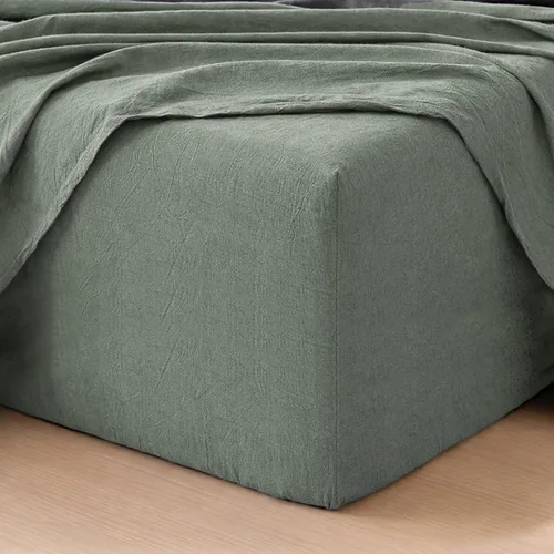 Vista 32 de MooMee Sábana bajera ajustable de solo 100% algodón lavado con textura parecida al lino, transpirable, duradera, suave, cómoda, bolsillo profundo
